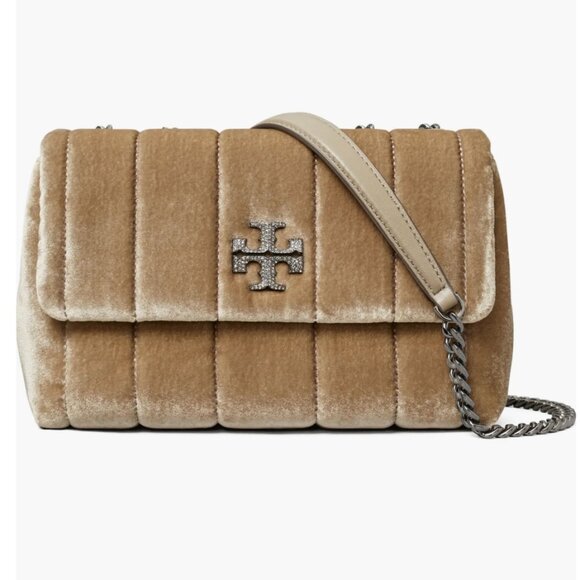 TORY BURCH Small Kira Velvet Pave Logo Quilted Crossbody Bag -Taupe - New w/Tags - Picture 2 of 5
